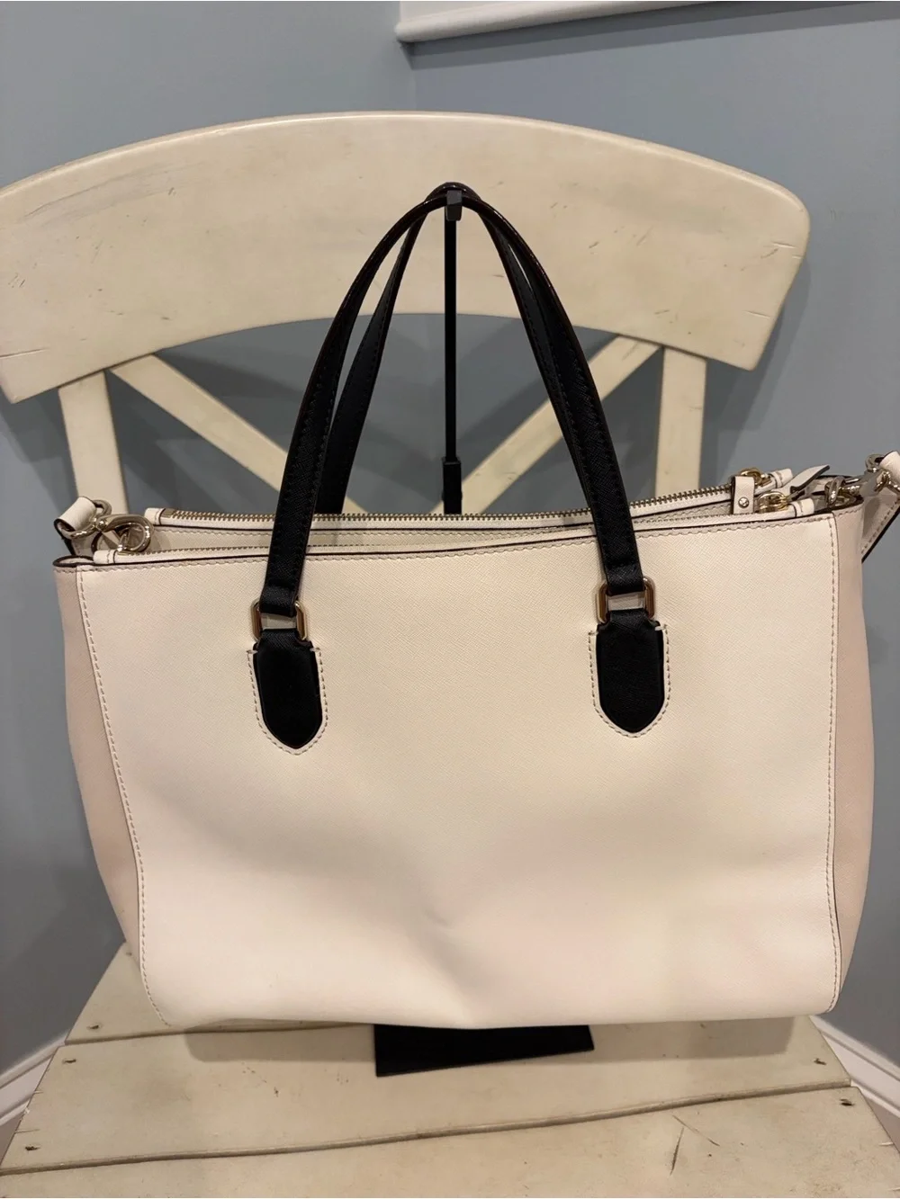 kate spade Cream and Black Leather Tote with Gold Hardware